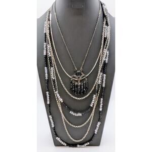 Lot of 3 Black & Metallic Beaded Silver Tone & Black Metal Layered Necklaces